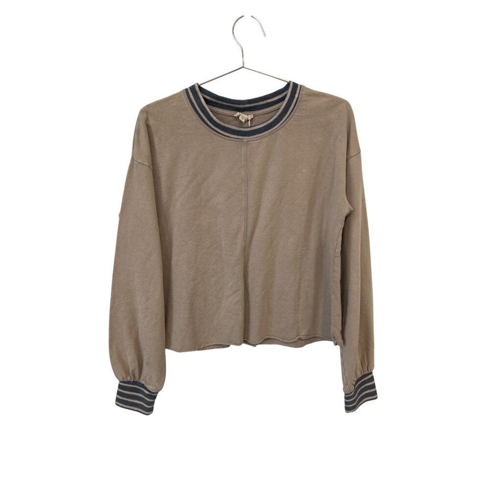 Hem and Thread Acid Wash Crop Sweatshirt Size Small Tan Blue Striped Cuff NEW